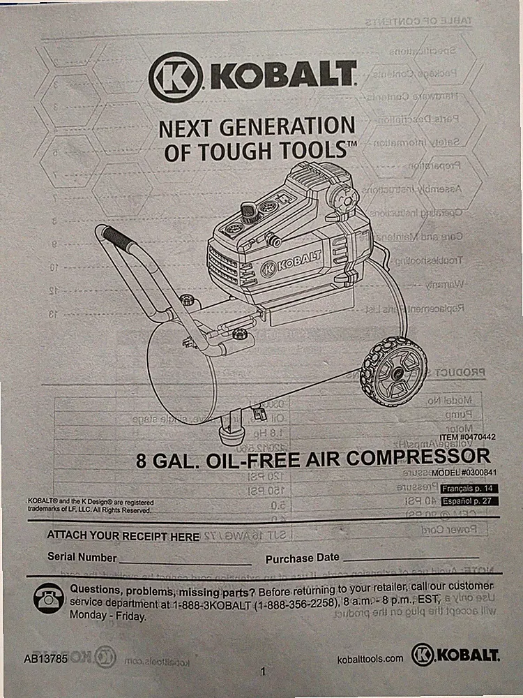Kobalt 0300841 8 Gallon Oil Free Air Compressor Owner's Manual Item #0470442